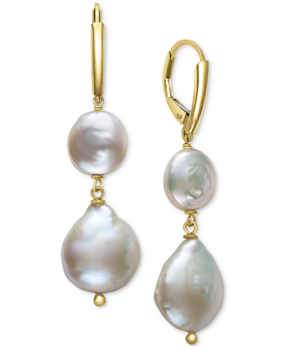 Shop Belle De Mer Cultured Freshwater Coin & Baroque Pearl (9-10mm & 12-13mm) Drop Earrings In 14k Gold-plated Sterlin In Gold Over Sterling Silver