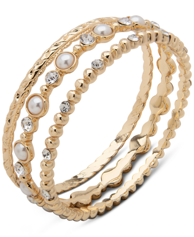 Shop Anne Klein Gold-tone 3-pc. Set Crystal & Imitation Pearl Bangle Bracelets In White