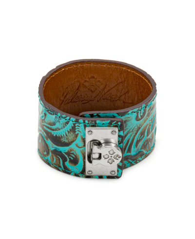Shop Patricia Nash Irena Silver-tone Printed Leather Cuff Bracelet In Turquoise/silver Ox