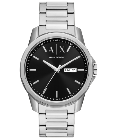 Shop Ax Armani Exchange Men's Three-hand Day-date Silver-tone Stainless Steel Bracelet Watch, 44mm