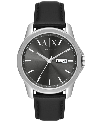 Ax Armani Exchange Men's Three-hand Day-date Black Leather Strap Watch, 44mm