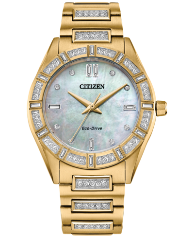 Shop Citizen Eco-drive Women's Crystal Gold-tone Stainless Steel Bracelet Watch 34mm In Silver-tone