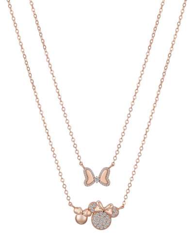 Shop Unwritten Cubic Zirconia Minnie Mouse Bow Necklace Set With Extender (0.01, 0.06, 0.12 Ct. T.w.) In 14k Rose G In K Rose Gold Plated