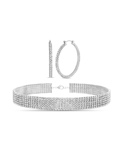 Shop Kensie Boxed Rhinestone Hoop Earrings With Rhinestone Choker Necklace Set, 2 Piece In Crystal