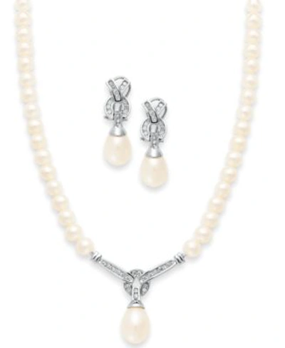 Shop Macy's 14k White Gold Jewelry Set Cultured Freshwater Pearl Diamond Necklace Earrings