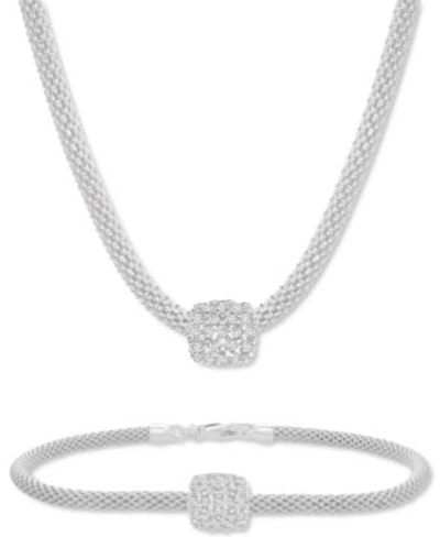 Macy's Cubic Zirconia Square Charm Mesh Link Pendant Necklace Matching Bracelet Collection In Sterling Silv In Cubic Zirconia