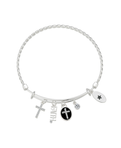 Shop Unwritten Silver-plated Cross "faith" Multi Charm Twist Design Bangle Bracelet In Silver Plated