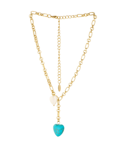 Ettika Turquoise And Pearl Heart 18k Gold Plated Linked Chain Lariat In Gold-plated
