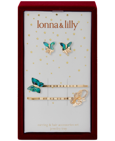 Shop Lonna & Lilly Gold-tone Mixed Stone Butterfly Bobby Pins & Stud Earrings Set In Turq/aqua