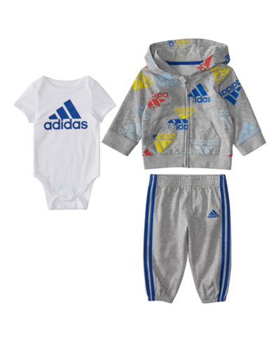 Shop Adidas Originals Adidas Baby Boys Jacket And Joggers With Bodysuit, 3 Piece Set In Gray Heather With Multicolor
