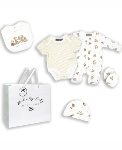 Shop Rock-a-bye Baby Boutique Baby Boys And Girls Furry Besties Layette Gift In Mesh Bag, 5 Piece Set In Cream And White