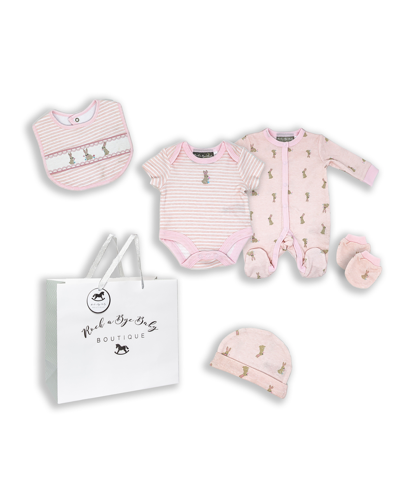 Shop Rock-a-bye Baby Boutique Baby Girls Layette Gift In Mesh Bag, 5 Piece Set In Pink And Brown