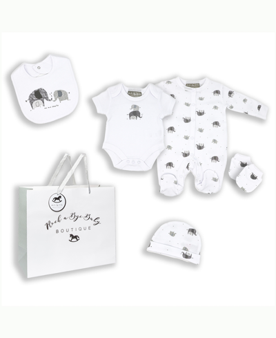 Shop Rock-a-bye Baby Boutique Baby Boys And Girls Elephant Family Layette Gift In Mesh Bag, 5 Piece Set In Gray And White