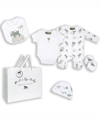 Shop Rock-a-bye Baby Boutique Baby Boys And Girls Sweet Dreams Bear Layette Gift In Mesh Bag, 5 Piece Set In Gray And White