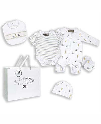 Shop Rock-a-bye Baby Boutique Baby Boys And Girls African Animal Layette Gift In Mesh Bag, 5 Piece Set In White And Neutral