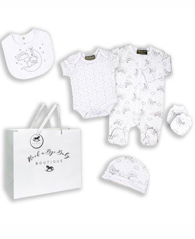 Shop Rock-a-bye Baby Boutique Baby Boys And Girls Sleepy Bear Layette Gift In Mesh Bag, 5 Piece Set In White And Gray