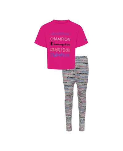 Shop Champion Little Girls Boxy T-shirt And All Over Print Leggings, 2 Piece Set In Wow Pink/oxford Heather