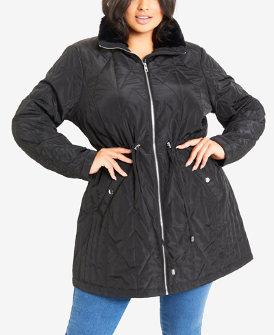 Shop Avenue Plus Size Faux Fur Collar Padded Coat In Black