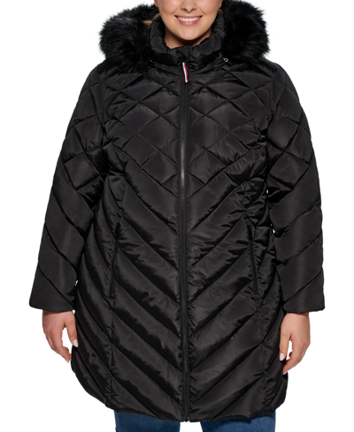 Shop Tommy Hilfiger Plus Size Faux-fur-trim Hooded Puffer Coat In Black