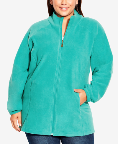 Shop Avenue Plus Size Polar Fleece Zip Jacket In Jade Jargo