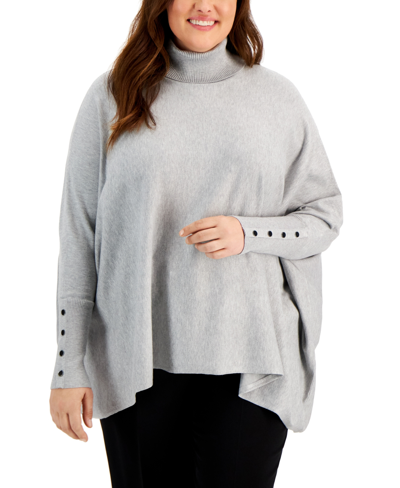 Shop Alfani Plus Size Turtleneck Poncho Sweater, Created For Macy's In Heather Sterling