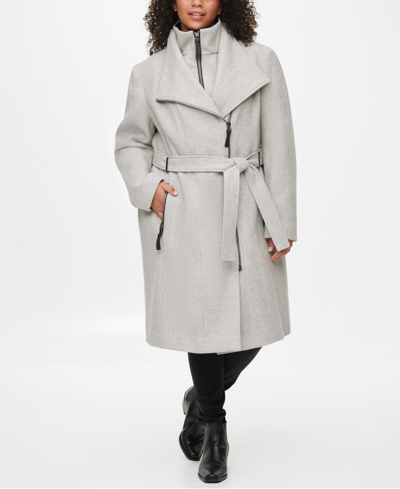 Calvin Klein Women's Faux-leather Trim Belted Wrap Coat, Created For Macy's  In Grey | ModeSens