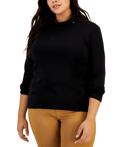 Shop Tommy Hilfiger Plus Size Long Sleeve Knit Turtleneck Top In Black