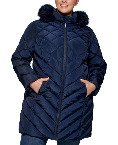 Shop Tommy Hilfiger Plus Size Faux-fur-trim Hooded Puffer Coat In Navy
