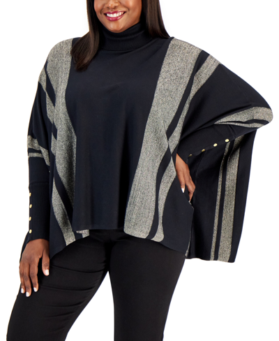 Shop Alfani Plus Size Lurex Striped Poncho Sweater, Created For Macy's In Deep Black