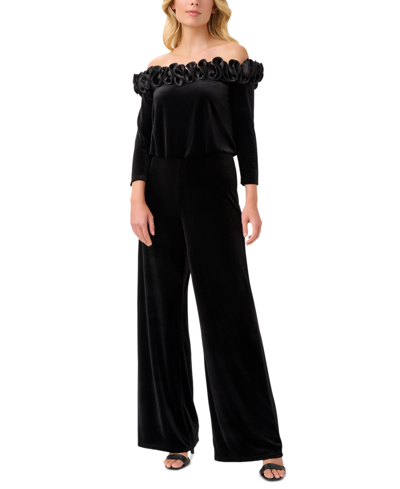 Shop Adrianna Papell Plus Size Velvet Ruffled Off-the-shoulder Jumpsuit In Black