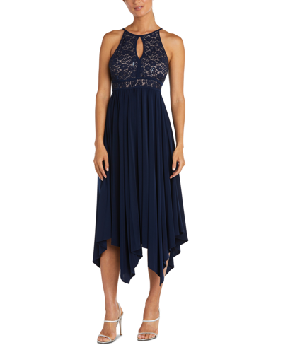Shop Nightway Plus Size Asymmetrical-hem Lace Dress In Navy/nude