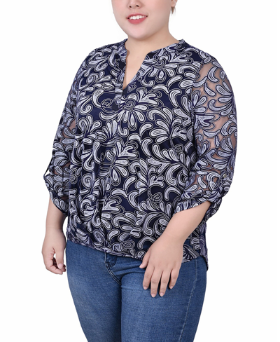 Ny Collection Plus Size Long Sleeve Burnout Y-neck Blouse In Navy Scrolleaf
