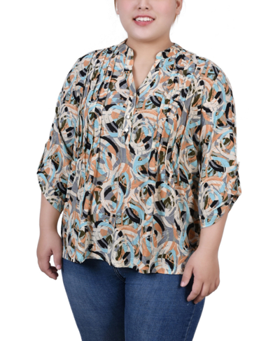 Ny Collection Plus Size 3/4 Roll Tab Sleeve Y-neck Top In Multi Abstract