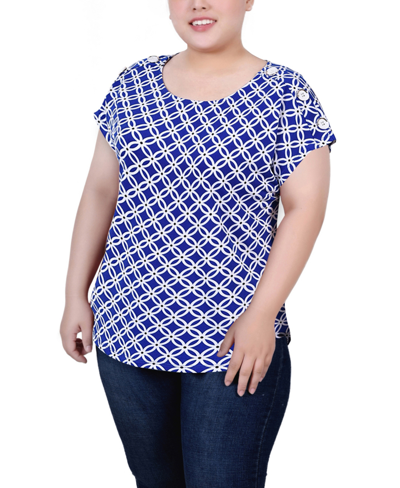 Ny Collection Petite Size Short Extended Sleeve Top In Royal White Black Geo