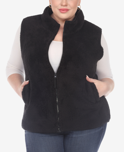 White Mark Plus Size Women's Zip Up Sherpa Vest Jacket In Black