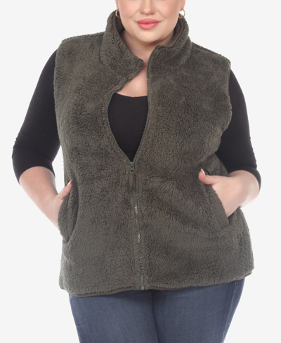 White Mark Plus Size Women's Zip Up Sherpa Vest Jacket In Army Green
