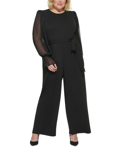Shop Calvin Klein Plus Size Sheer-sleeve Wide-leg Jumpsuit In Black/black