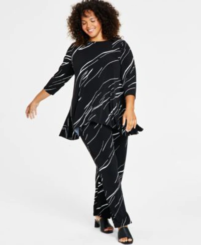 Alfani Plus Size Linear Printed Swing Top Wide Leg Pants Created For Macys  In Black