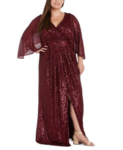 Shop Nightway Plus Size V-neck Flare-sleeve Sequin Gown In Merlot