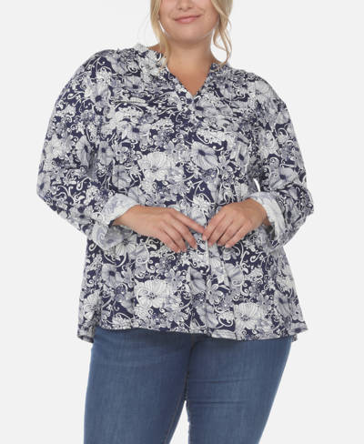 White Mark Plus Size Pleated Long Sleeve Floral Print Blouse In Navy