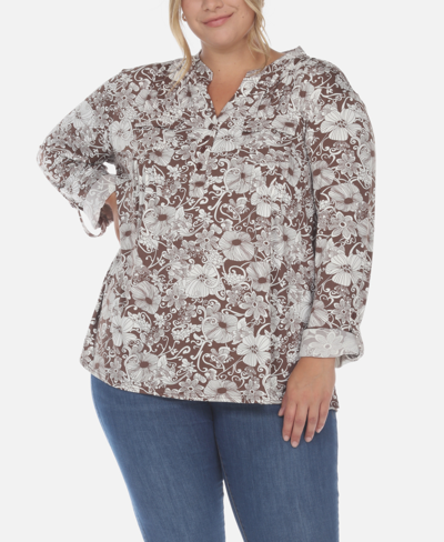Shop White Mark Plus Size Pleated Long Sleeve Floral Print Blouse In Brown