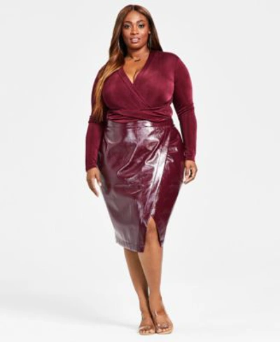 Shop Nina Parker Trendy Plus Size Crossover Bodysuit Trendy Plus Size Faux Leather Skirt Created For Macys In Burgundy