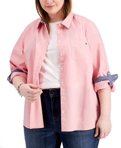 Shop Tommy Hilfiger Plus Size Cotton Roll-tab Shirt In Bridal Rose