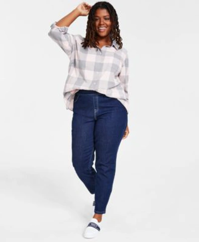 Shop Tommy Hilfiger Plus Size Roll Tab Plaid Shirt Gramercy Pull On Jeans Created For Macys In Grey/ballerina Pink