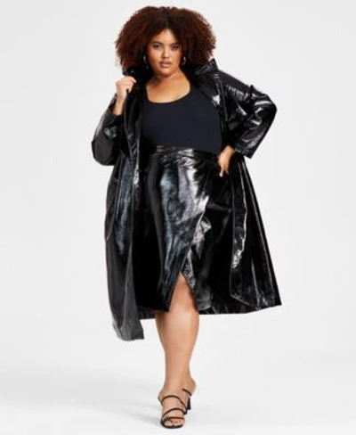 Shop Nina Parker Trendy Plus Size Faux Leather Trench Coat Bodysuit Skirt In Black Beauty