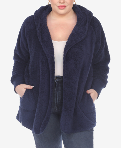 Shop White Mark Plus Size Plush Hooded Cardigan Jacket With Pockets In Navy