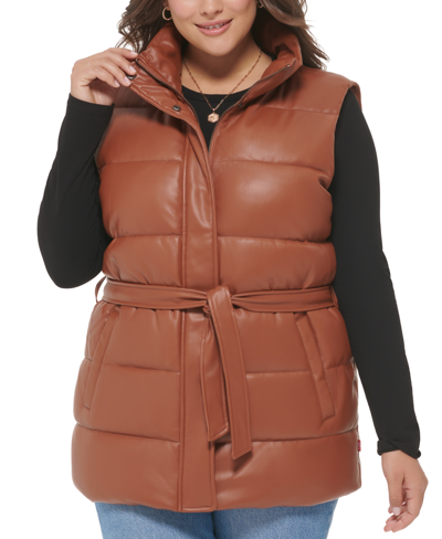 Shop Levi's Trendy Plus Size Faux-leather Puffer Vest In Camel