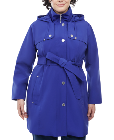 Shop London Fog Women's Plus Size Hooded Belted Raincoat In Indigo