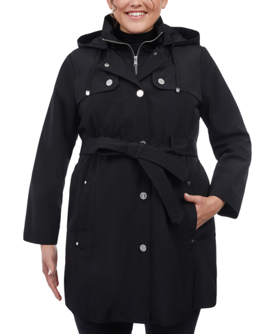 Shop London Fog Women's Plus Size Hooded Belted Raincoat In Black