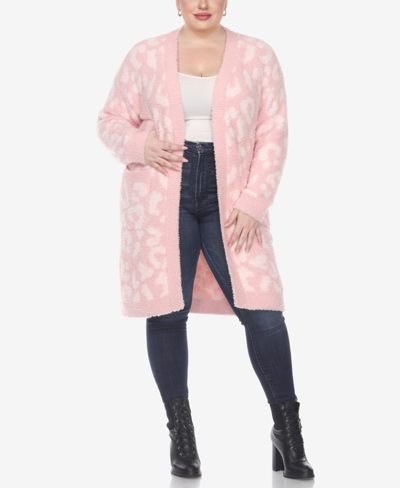 White Mark Plus Size Leopard Print Open Front Sherpa Sweater In Pink